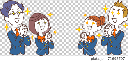 Male and female students in blue uniforms praying face to face 71692707