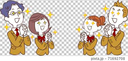 向かい合って祈るベージュの制服の男女の学生 71692708