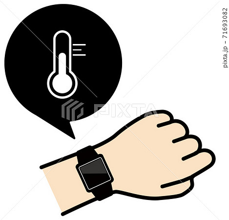 腕のスマートウォッチを確認する様子のベクターイラスト 温度計アイコンのイラスト素材