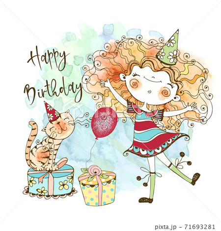 Birthday card with a cute red-haired girl and a cute cat with gifts, in the technique of watercolor and Doodle style. Vector 71693281