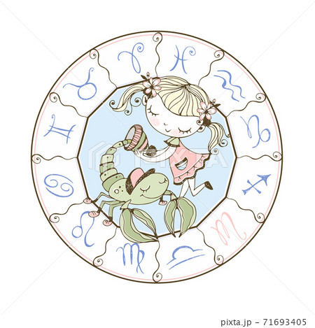 Children's zodiac. The zodiac sign is Scorpio. A cute girl puts on a Scorpion hat. Vector Children's zodiac. The zodiac sign is Scorpio. A cute girl puts on a Scorpion hat. Vector 71693405