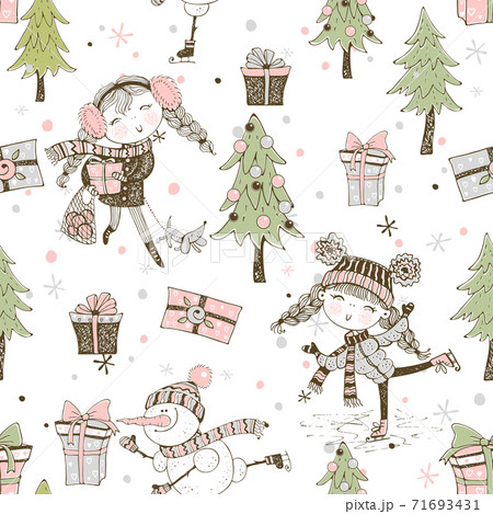 Seamless Christmas pattern with Santa Claus gifts and Christmas tree. Vector. Seamless Christmas pattern with Santa Claus gifts and Christmas tree. Vector. 71693431
