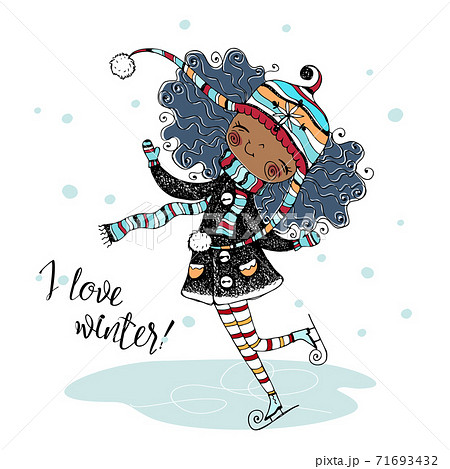 Cute black girl in a knitted hat skating in winter. Vector. Cute black girl in a knitted hat skating in winter. Vector. 71693432