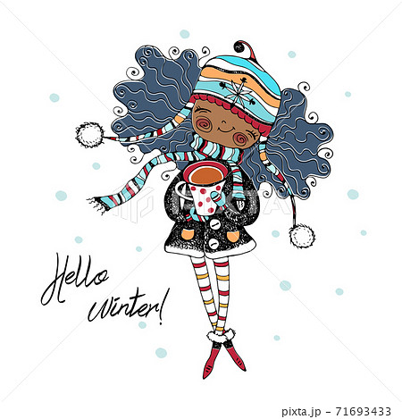 Cute black girl in a knitted hat holding a mug of hot tea outside in winter. Christmas card. Vector. Cute black girl in a knitted hat holding a mug of hot tea outside in winter. Christmas card. Vector. 71693433