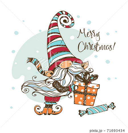 Cute Christmas gnome with gifts in Doodle style. Greeting card. Vector Cute Christmas gnome with gifts in Doodle style. Greeting card. Vector 71693434