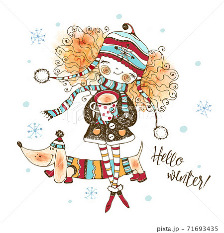 Cute girl in a knitted hat drinking a hot drink outside in winter with her doggie dog Dachshund .Winter fun illustration. Watercolors and graphics. Vector 71693435