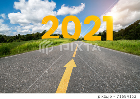 2021 New Year road trip travel and future vision concept . 71694152