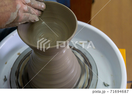 粘土の外側を左手で抑え内側から右手で挟み上に動かして成形 粘土の外側を左手で抑え内側から右手で挟み上に動かして成形 71694687