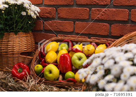 Autumn decor with vegetables and flowers on dry haystacks. Harvest and garden outdoor decorations for Halloween, Thanksgiving, autumn season still life. Fall styled composition. Autumn decor with vegetables and flowers on dry haystacks. Harvest and garden outdoor decorations for Halloween, Thanksgiving, autumn season still life. Fall styled composition. 71695391