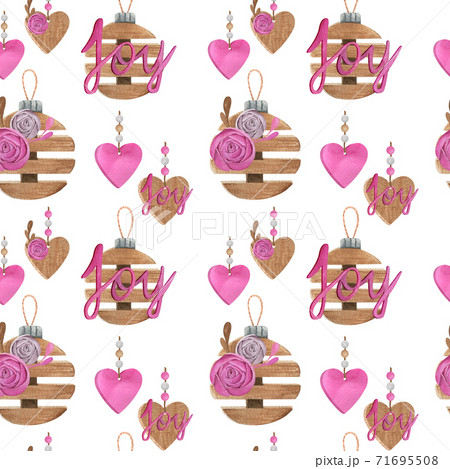 Christmas watercolor seamless pattern with pink and wooden decor 71695508