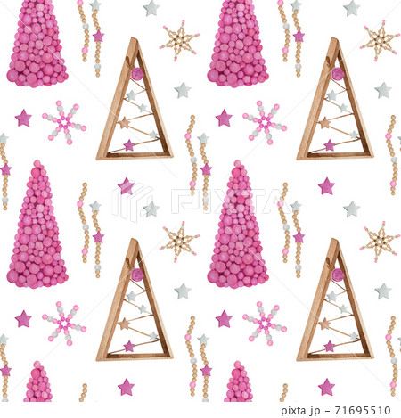 Christmas watercolor seamless pattern with pink and wooden decor 71695510
