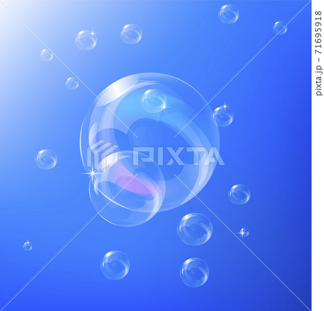 Transparent soap bubbles on blue background 71695918