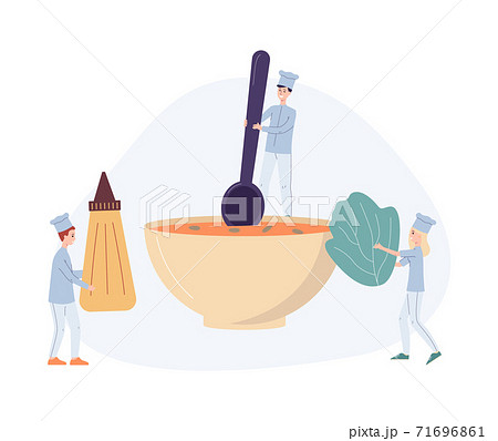 Tiny chefs characters cooking vegetable soup flat vector illustration isolated. Tiny chefs characters cooking vegetable soup flat vector illustration isolated. 71696861