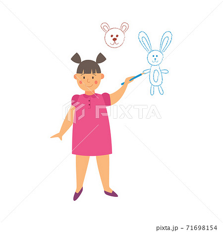 Girl drawing doodle pictures colored pencil on white wall a vector illustration. 71698154