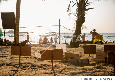 Sea turtle nesting site. Special plates contain information about the clutch: number of eggs and the date of setting Sea turtle nesting site. Special plates contain information about the clutch: number of eggs and the date of setting 71698493