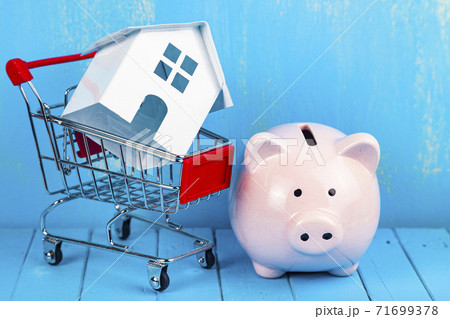 House in a shopping cart and a piggy bank. House in a shopping cart and a piggy bank. 71699378