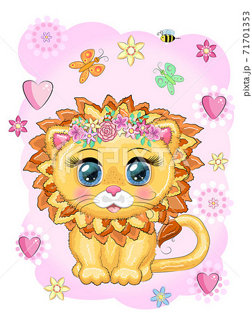 Cute cartoon lion with big eyes in a children's bright style. 71701353