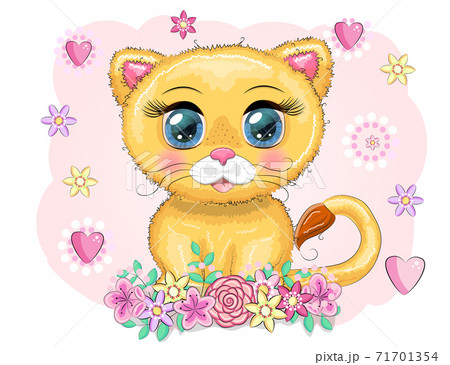 Cute cartoon lion with big eyes in a children's bright style. 71701354