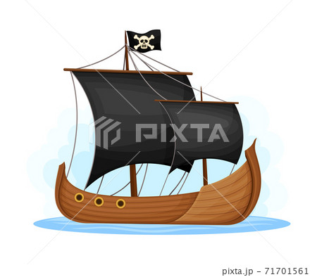 Wooden Pirate Ship or Vessel with Black Sail and Crossbones Vector Illustration 71701561