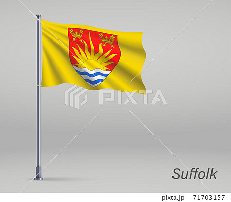 Waving flag of Suffolk - county of England on flagpole. Template 71703157