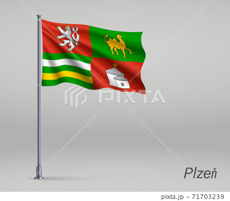 Waving flag of Plzen - region of Czech Republic on flagpole. Te 71703239