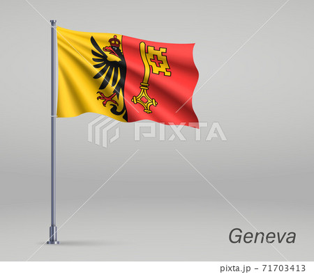 Waving flag of Geneva - canton of Switzerland on flagpole. Templ 71703413