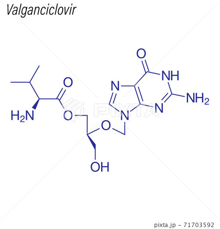 Vector Skeletal formula of Valganciclovir. Drug chemical molecul 71703592