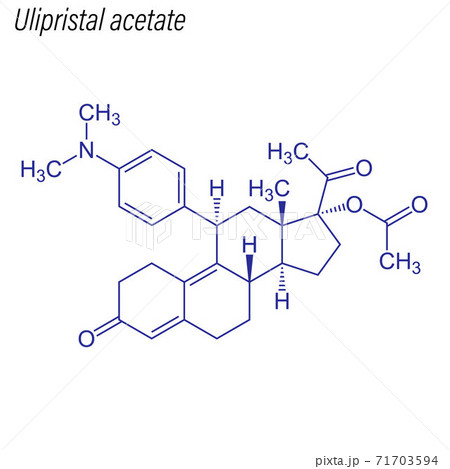 Vector Skeletal formula of Ulipristal acetate. Drug chemical mol 71703594
