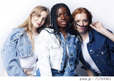 diverse multi nation girls group, teenage friends company cheerful having fun, happy smiling, cute posing isolated on white background, lifestyle people concept, african-american and caucasian 71704961