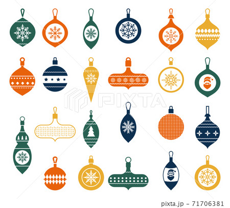 Christmas balls in a flat style on a white background. Modern hand drawn baubles. Vector illustration. Christmas Clip Art. Collection of beautiful baubles and decorations for Christmas tree. 71706381