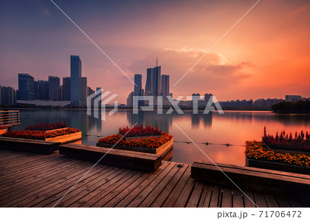 sunset over Swan Lake financial business district, Hefei city, China sunset over Swan Lake financial business district, Hefei city, China 71706472