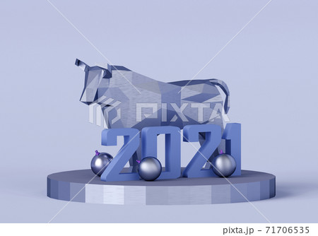 figurine of a low poly Blue Metallic Bull on a stand with the number 2021, a symbol of the new year, 3d render figurine of a low poly Blue Metallic Bull on a stand with the number 2021, a symbol of the new year, 3d render 71706535