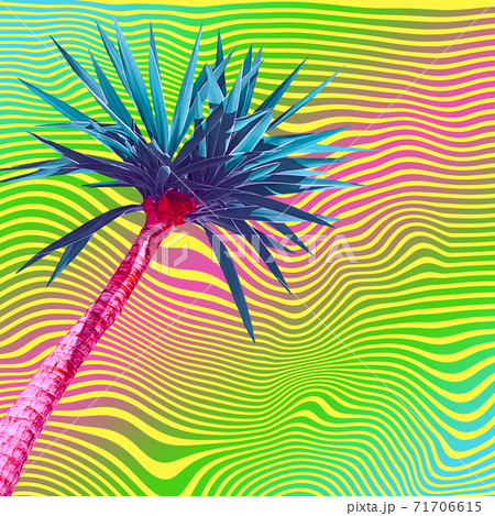 Contemporary collage. Palm tree on a bright abstract background with waves. Summer concept, landscape. 71706615