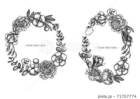 Floral Wreath of black and white ficus, eucalyptus, peony, cotton, freesia, brunia 71707774