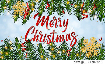 Background with lettering Merry Christmas, realistic pine branches, luminous garlands, serpentine, glitter gold snowflake. Christmas greeting card, poster, postcard, banner Background with lettering Merry Christmas, realistic pine branches, luminous garlands, serpentine, glitter gold snowflake. Christmas greeting card, poster, postcard, banner 71707848