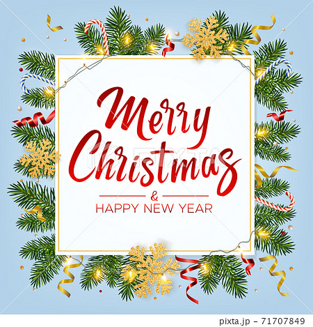 Christmas background with lettering Merry Christmas, realistic pine branches, shining garlands, gifts box, candy, serpentine, glitter gold snowflake. New Year greeting card, poster, postcard, banner Christmas background with lettering Merry Christmas, realistic pine branches, shining garlands, gifts box, candy, serpentine, glitter gold snowflake. New Year greeting card, poster, postcard, banner 71707849