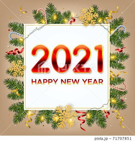 New Year 2021 background with pine branches, golden snowflakes, shining garlands, candy canes and tinsel. Template for Christmas and New Year poster, postcard, banner for winter and new year holidays 71707851