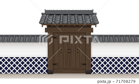 武家屋敷の門と塀の和風イラスト素材_瓦屋根_なまこ壁_扉_16:9 71708279
