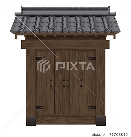 武家屋敷の門の和風イラスト素材 瓦屋根 木 扉のイラスト素材