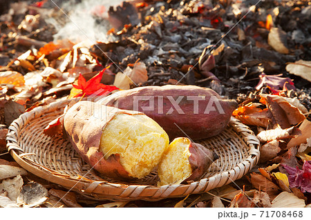 焚き火で焼き芋の写真素材