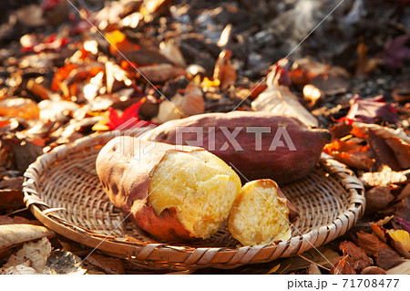 焚き火で焼き芋の写真素材