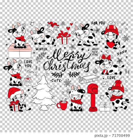 BULL CHRISTMAS COLLECTION New Year Merry Christmas Cute Animal Cartoon Holiday Vacation Winter Hand Drawn Clip Art Vector Illustration Set For Print 71708499