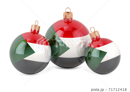 Christmas baubles with Sudanese flag, 3D rendering Christmas baubles with Sudanese flag, 3D rendering 71712418