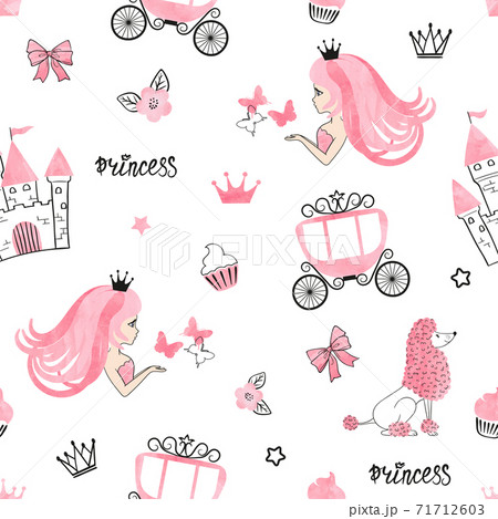 Seamless Princess pattern with cute girls, castles and carriages. 71712603