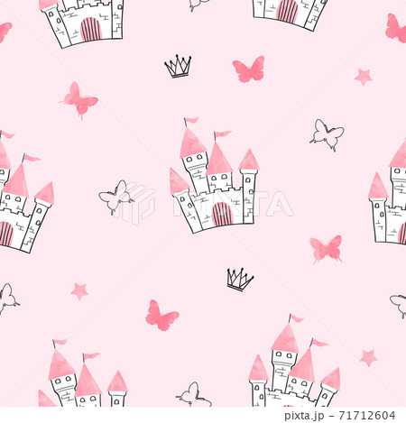 Seamless princess pattern with castle and butterflies. Seamless princess pattern with castle and butterflies. 71712604