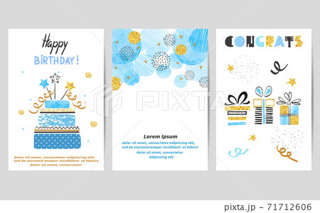 Happy Birthday cards set in blue and golden colors.  71712606