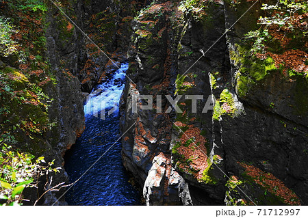 11月 東吾妻町07吾妻渓谷 鹿飛橋 の紅葉 吾妻峡の写真素材