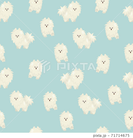 White fluffy cute cartoon happy flat dog on blue background seamless pattern 71714675