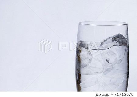 白を背景に水滴の付いたグラスに入った氷と冷水の写真素材 白を背景に水滴の付いたグラスに入った氷と冷水の写真素材