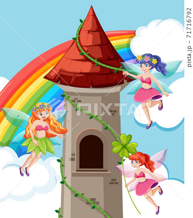 Fairy tales and castle tower cartoon style on rainbow sky background. 71716792